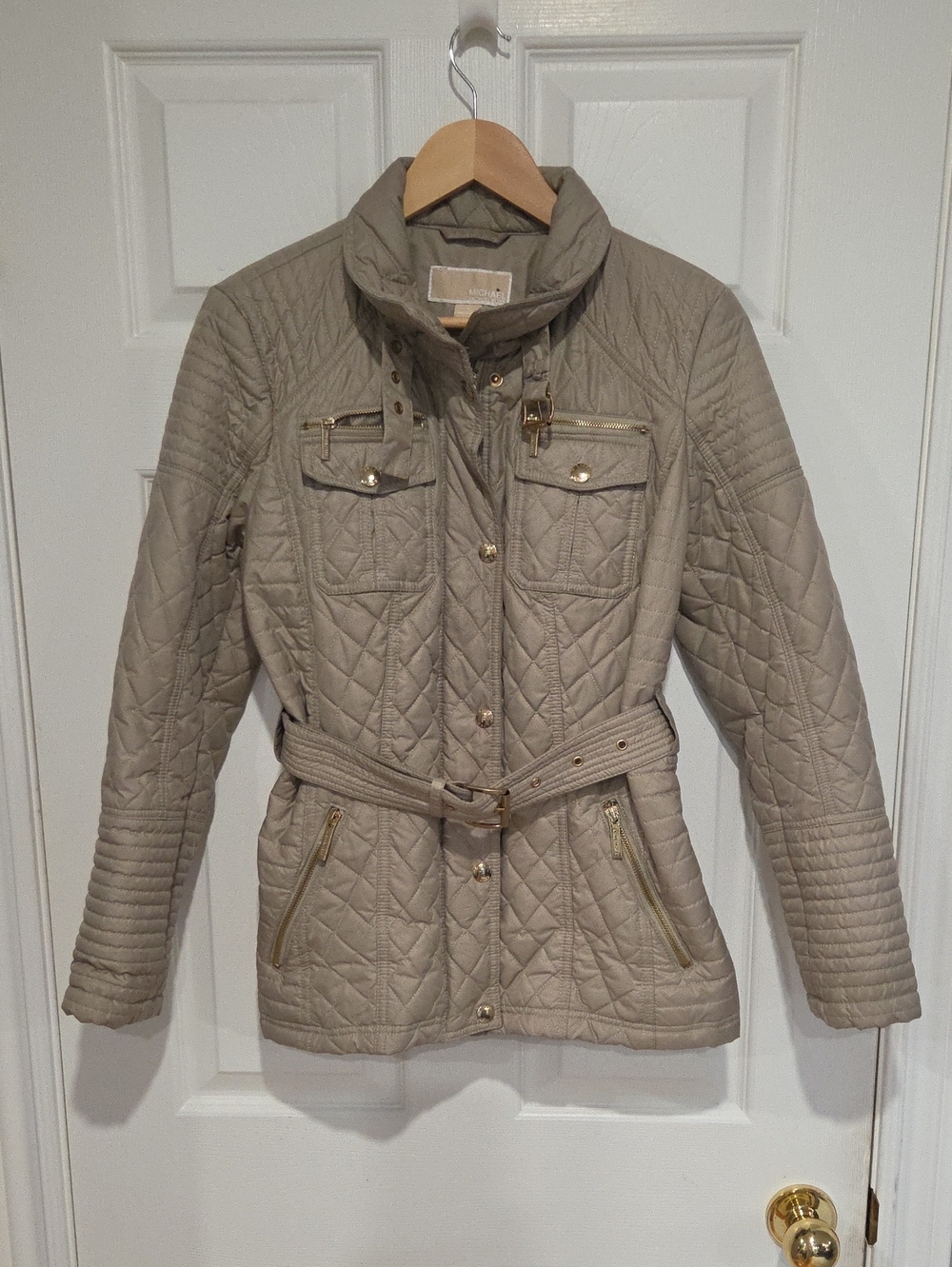 Michael Kors Quilted Belted Jacket in Taupe/Sage Size Small